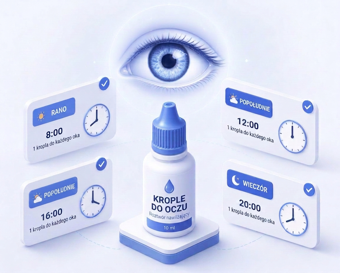 Wydrukowany harmonogram PDF z planem kropli po operacji zaćmy — antybiotyk, przeciwzapalna, nawilżająca